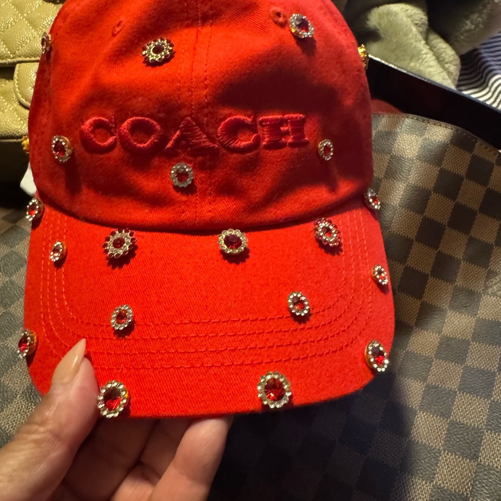 Coach Red Crystal-Embellished Baseball Cap